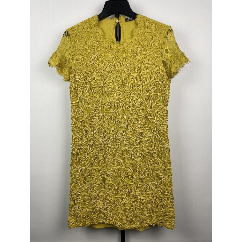 Zara Women Mustard Yellow Green Rope Floral Lace Short Sleeve Shift Dress Size S